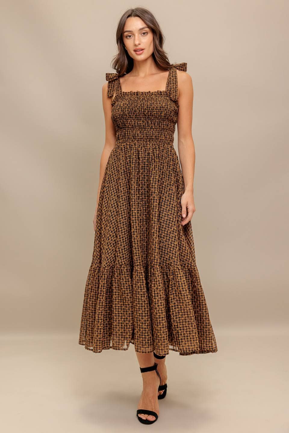 Autumn Smocked Gingham Midi Dress