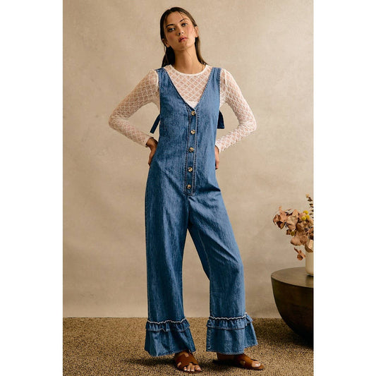 Denim Ruffle Leg Romper