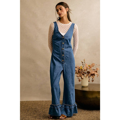 Denim Ruffle Leg Romper