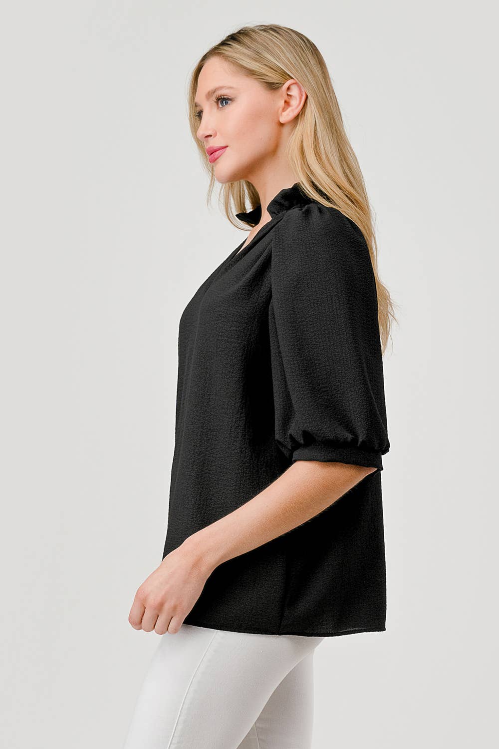 Posey Textured Short Sleeve Ruffle Collar Top Black