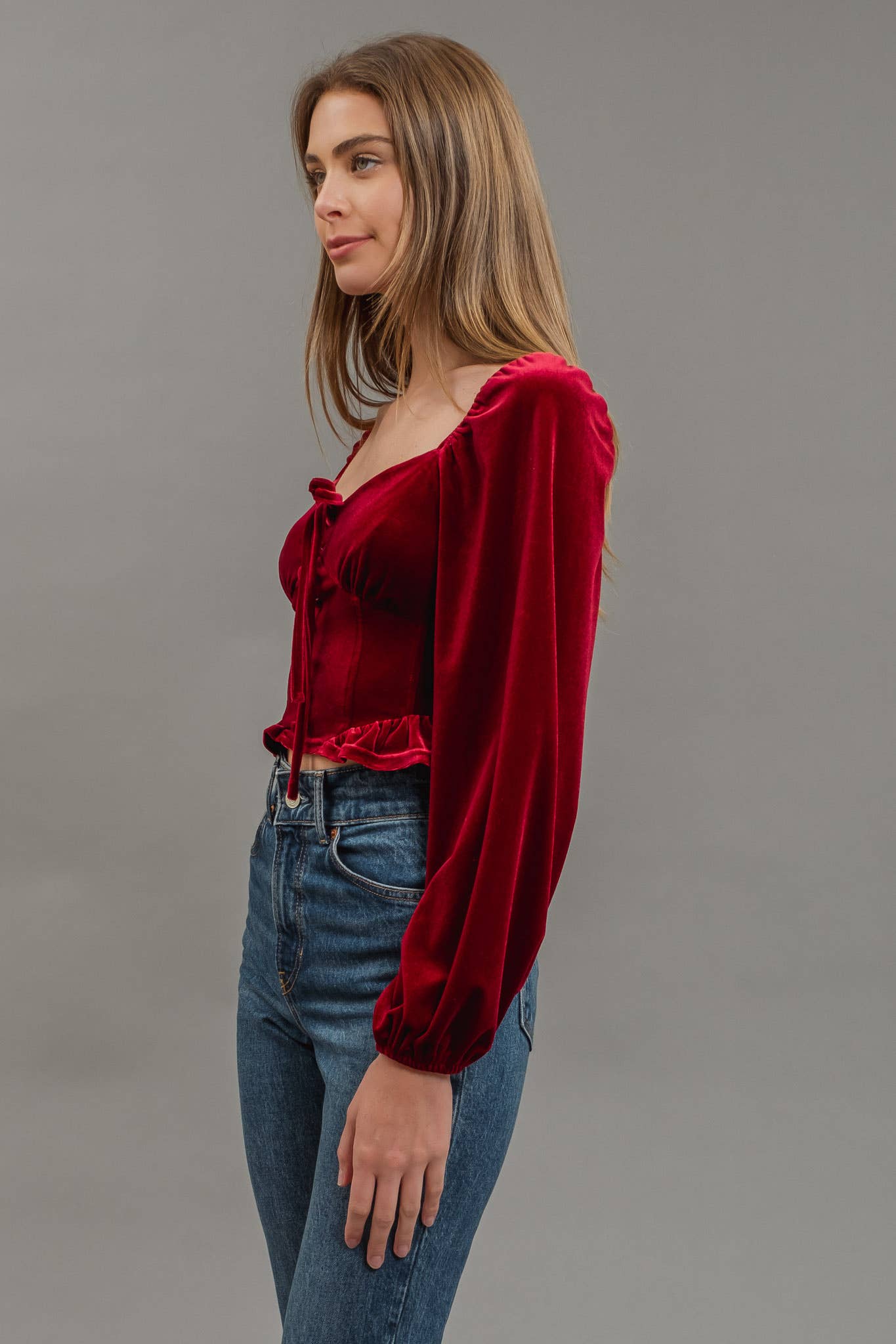 Velvet Tie Front Crop Top : BURGUNDY