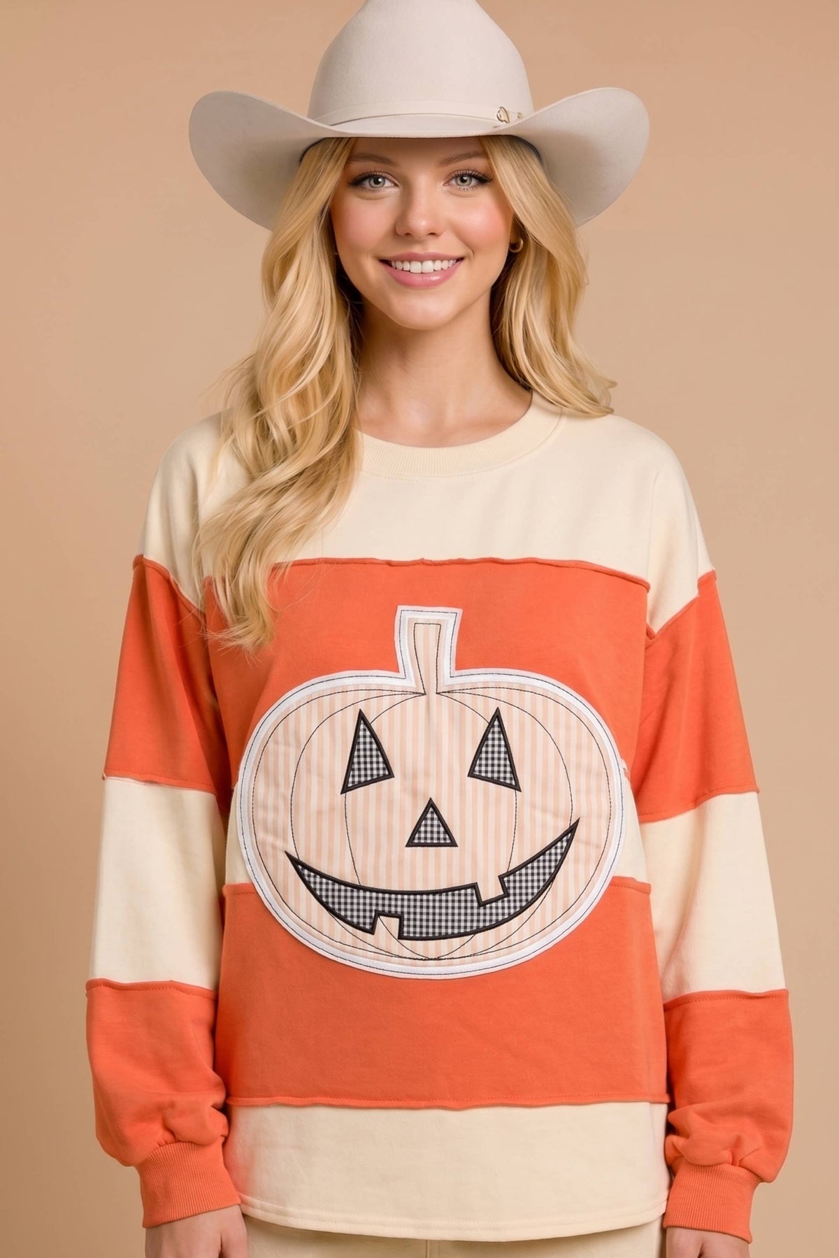Pumpkin Appliqué Color Block Pullover