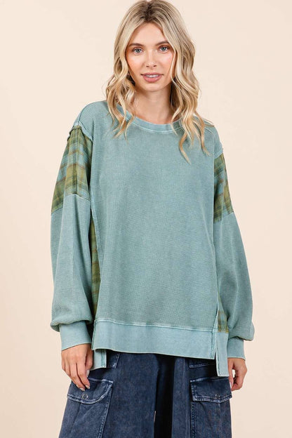 Plaid Panel Mineral Wash French Terry Sweatshirt