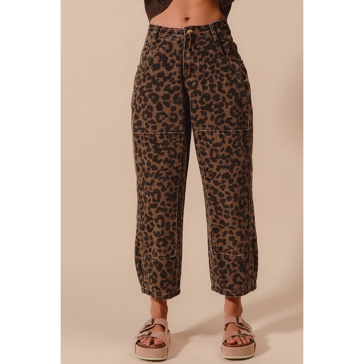Leopard Mid Rise Barrel Pants