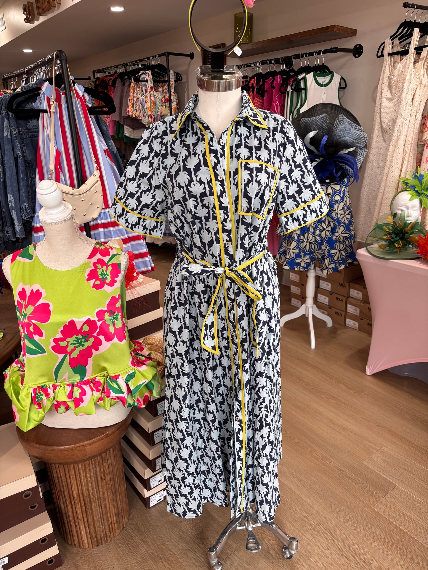 Navy Botanical Printed Midi