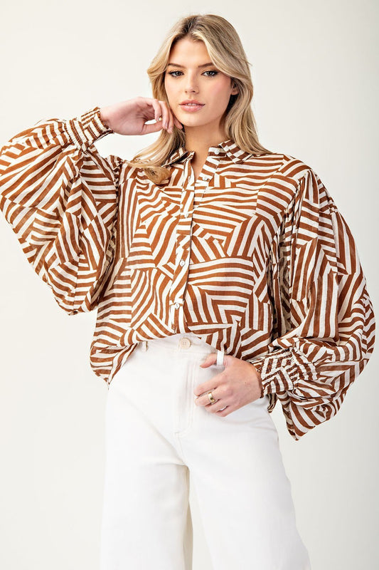 Geometric Bubble Sleeve Blouse