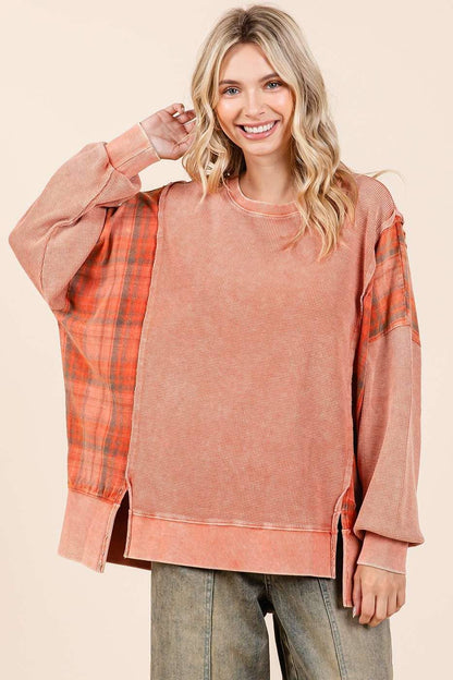 Plaid Panel Mineral Wash French Terry Sweatshirt