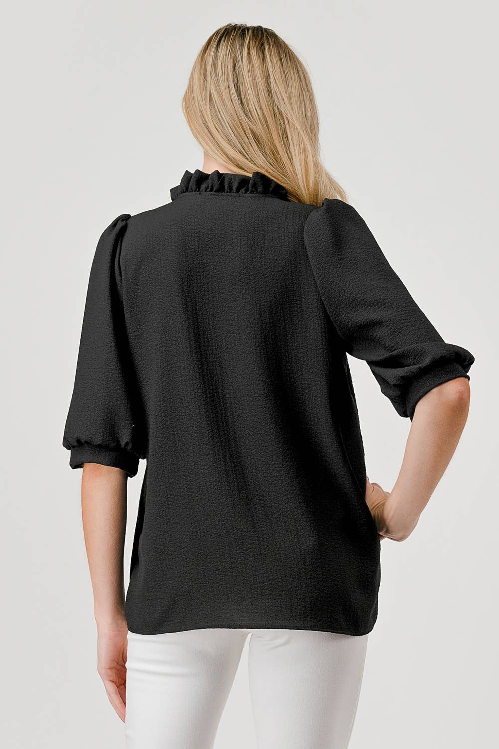 Posey Textured Short Sleeve Ruffle Collar Top Black