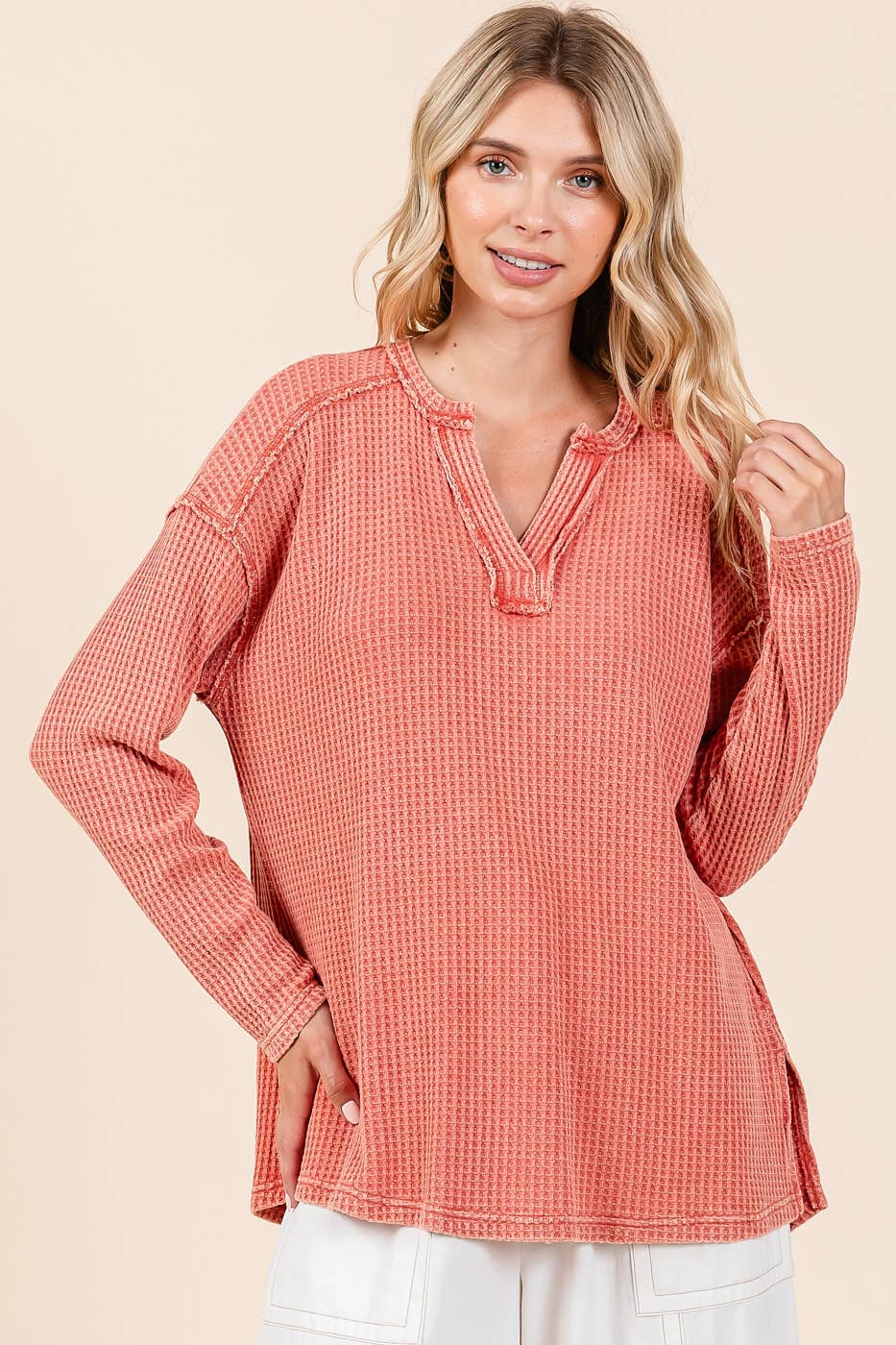 Oh So Cozy Waffle Knit V Neck
