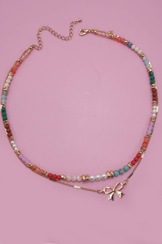 Bow + Beaded Layered Necklace