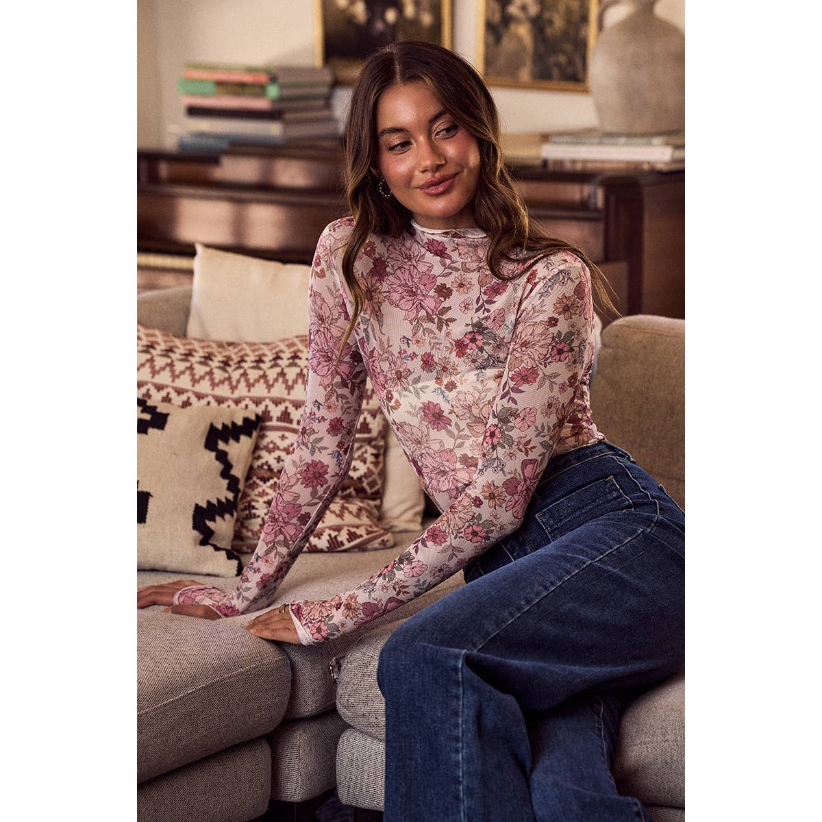 FLORAL PRINT MESH KNIT LONG SLEEVES TOP