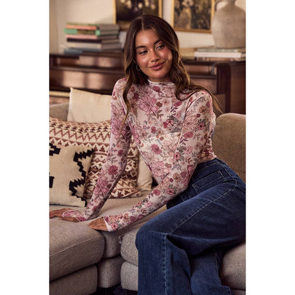 FLORAL PRINT MESH KNIT LONG SLEEVES TOP