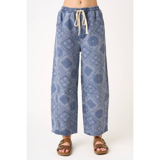 PAISLEY PRINT ELASTIC WAIST BARREL LEG PANTS