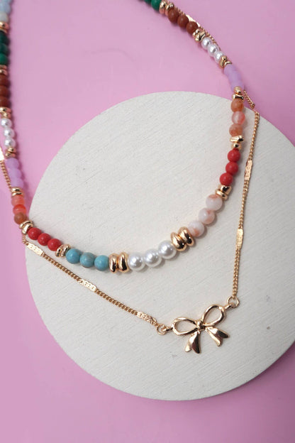 Bow + Beaded Layered Necklace