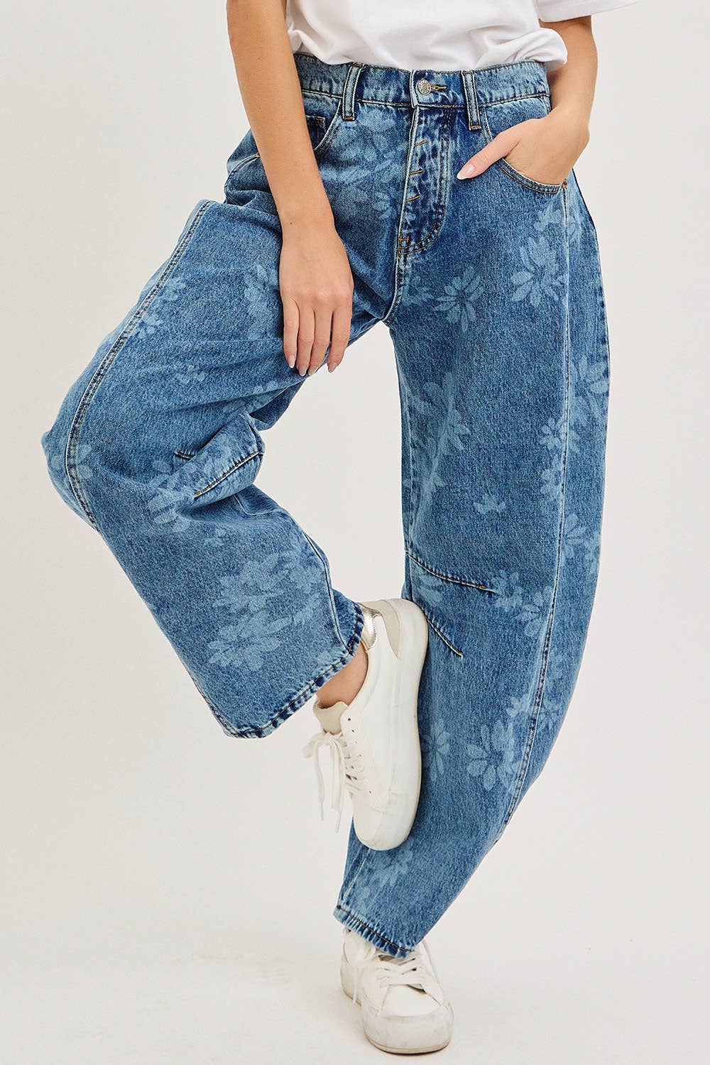 Floral Print Barrel Denim