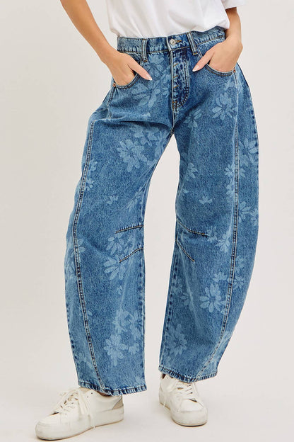 Floral Print Barrel Denim
