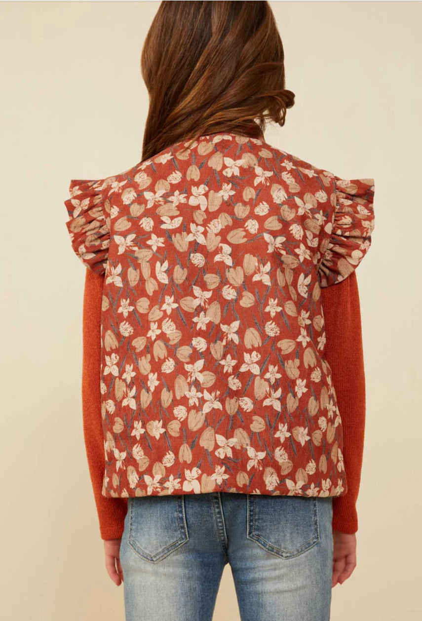 Floral Print Ruffled Corduroy Vest Girls