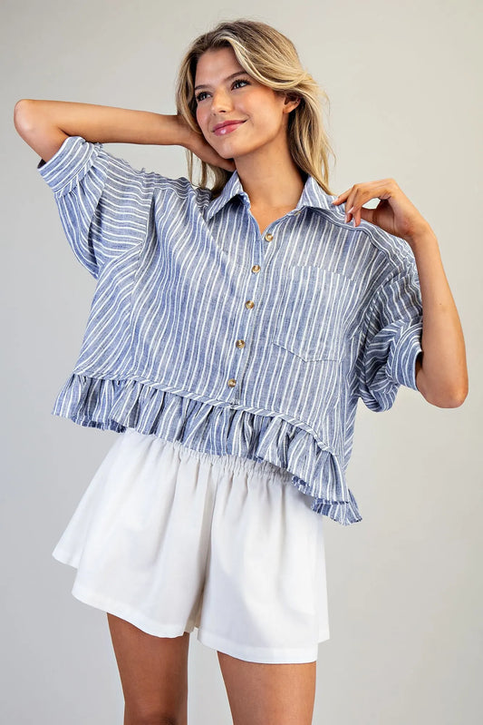 Striped Button Down Ruffle Hem Top