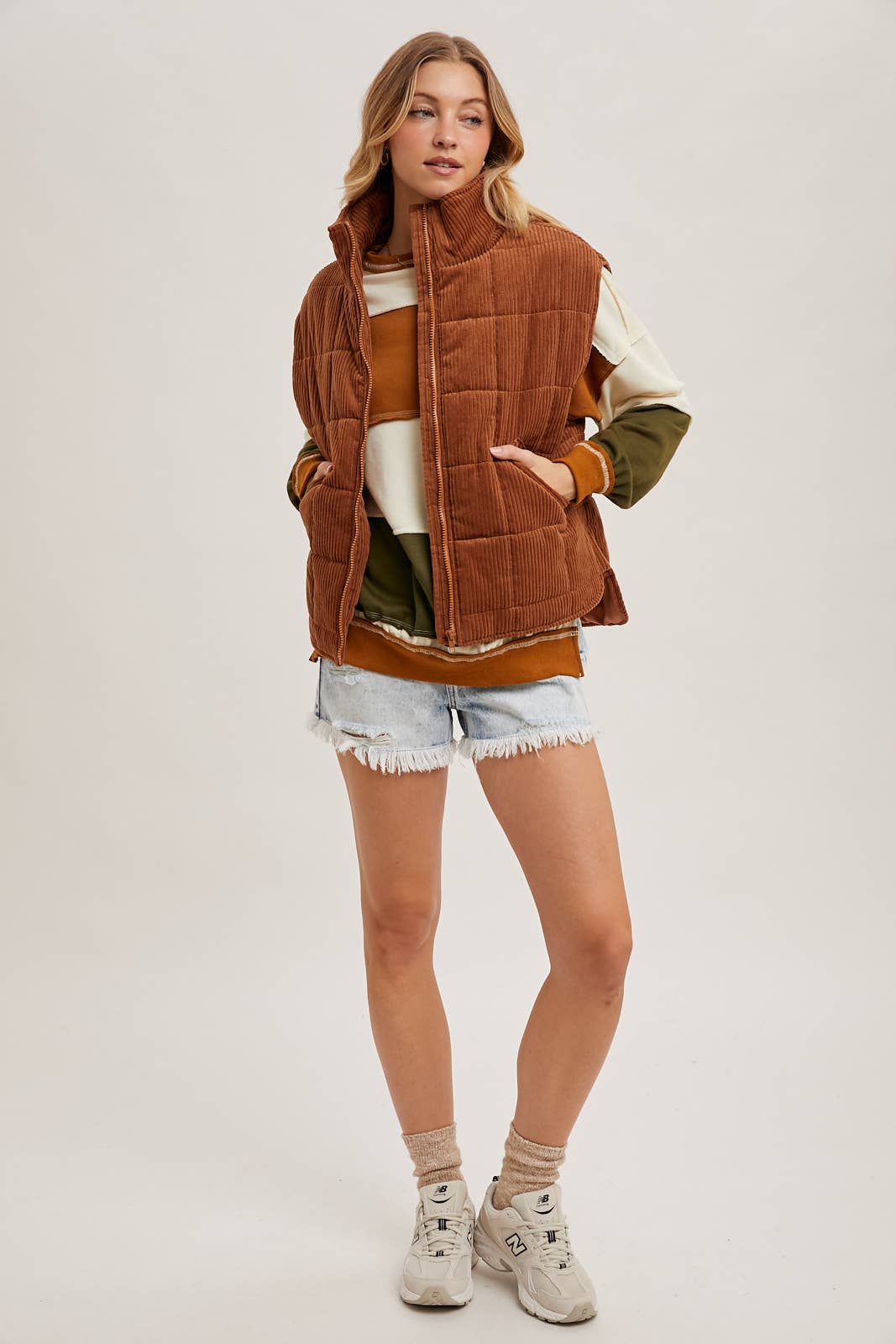 Corduroy Quilted Puffer Vest : Camel