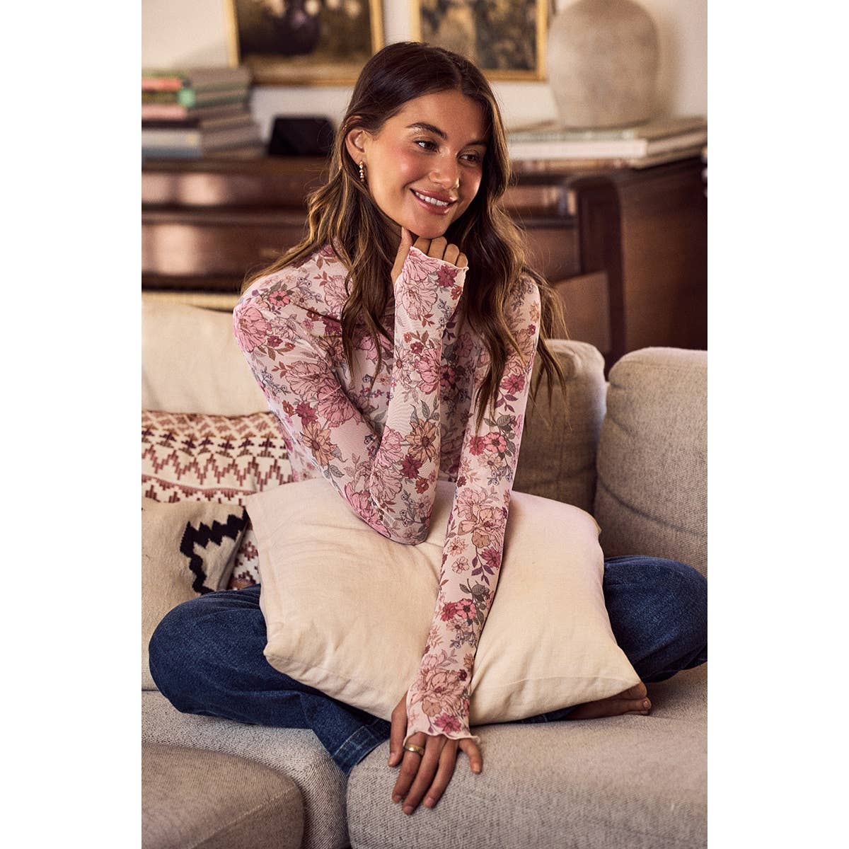 FLORAL PRINT MESH KNIT LONG SLEEVES TOP