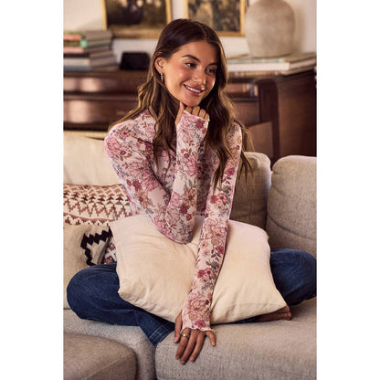 FLORAL PRINT MESH KNIT LONG SLEEVES TOP