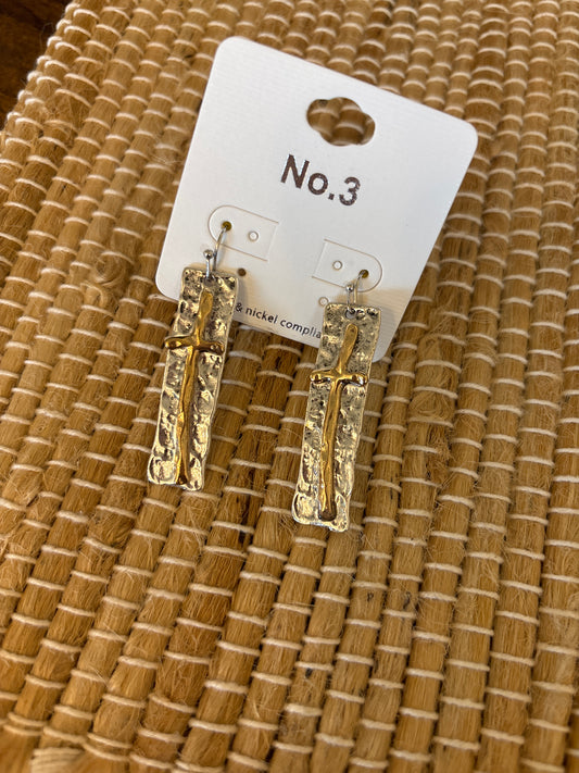 Hammered Cross Drop Earring - Silver Background
