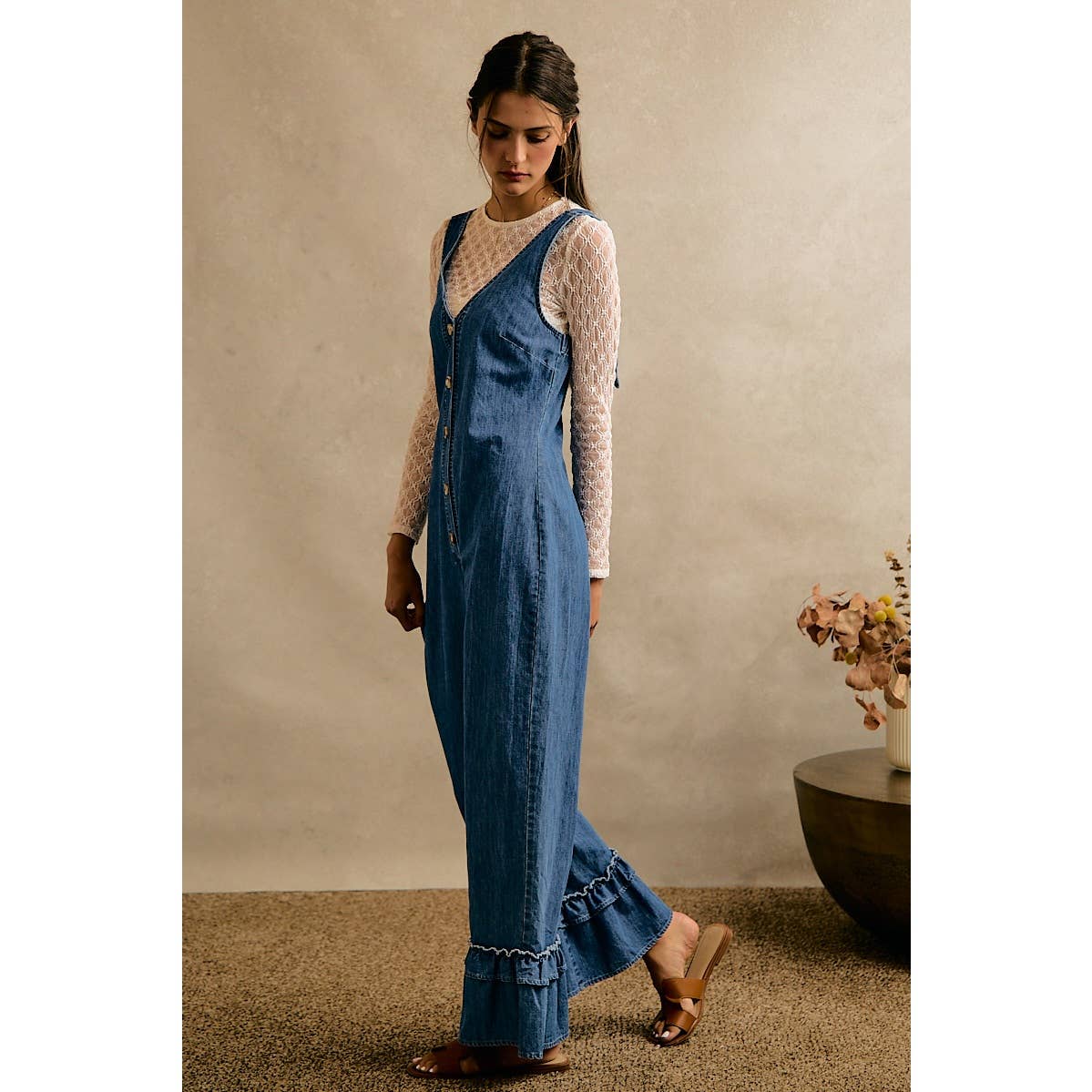 Denim Ruffle Leg Romper