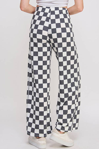 HIGH WAIST CHECKERED STRAIGHT LEG KNIT PANTS