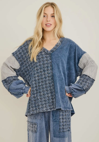 Denim + Tweed Detailed Sweater