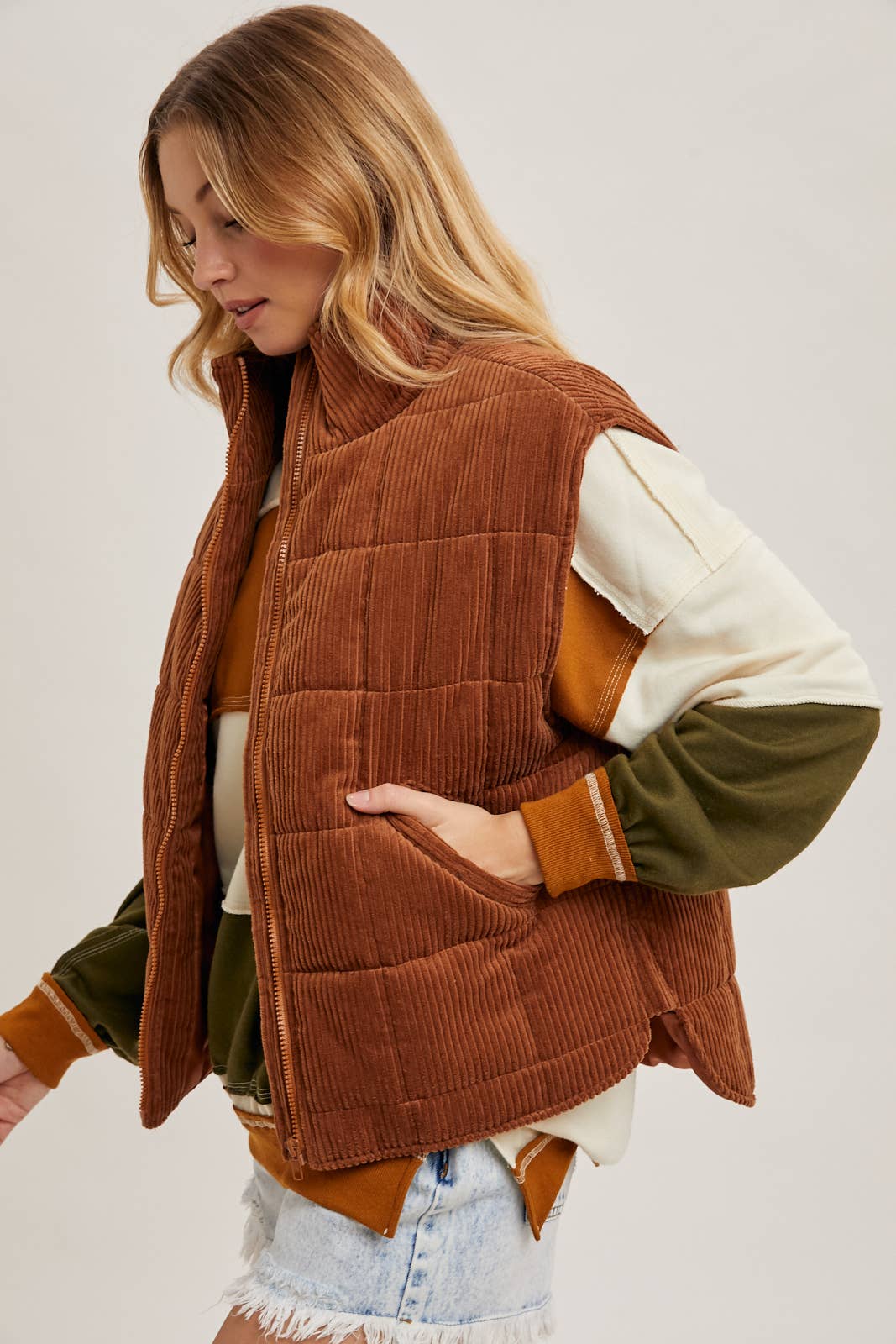 Corduroy Quilted Puffer Vest : Camel