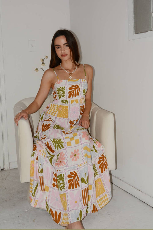 Abstract Floral Print Smocked Back Sundress