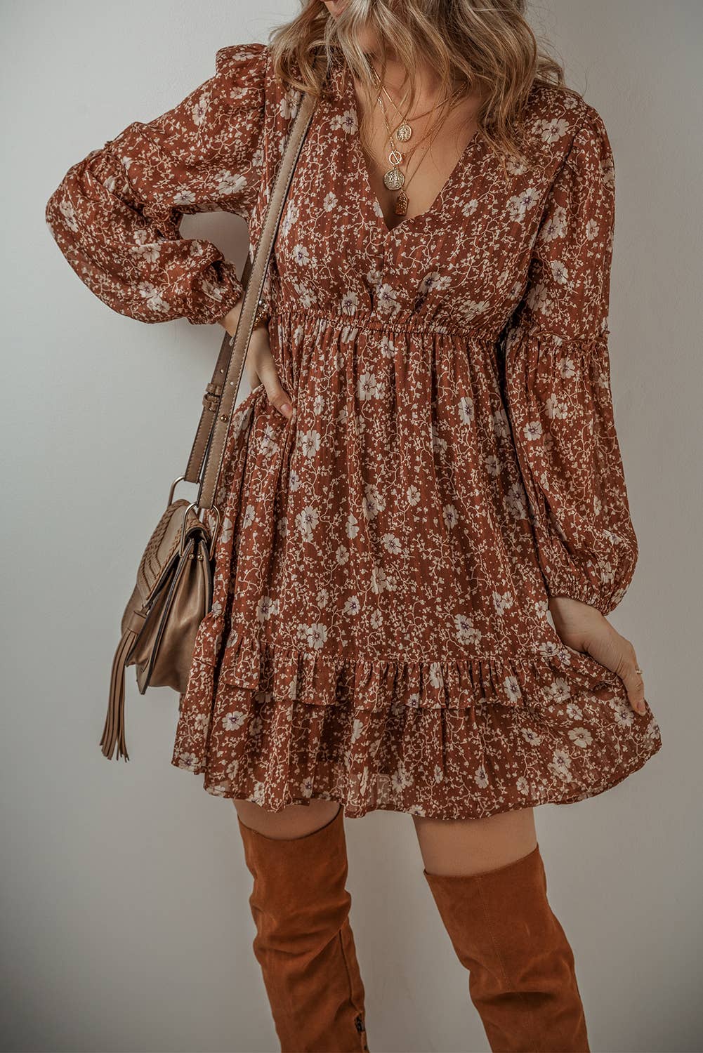 Floral Ruffled Puff Sleeve V Neck Mini Dress