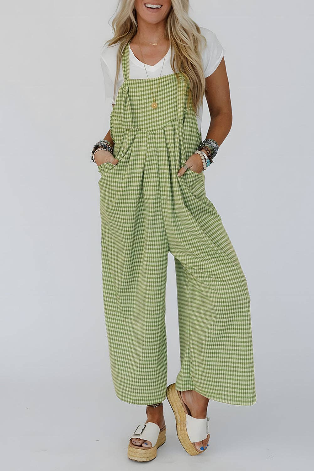 Green Gingham Wide Leg Overalls