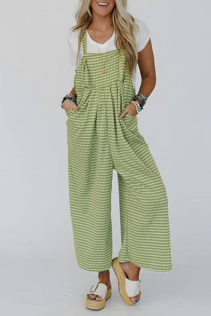 Green Gingham Wide Leg Overalls