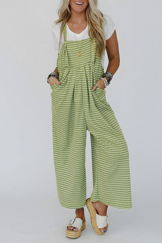 Green Gingham Wide Leg Overalls