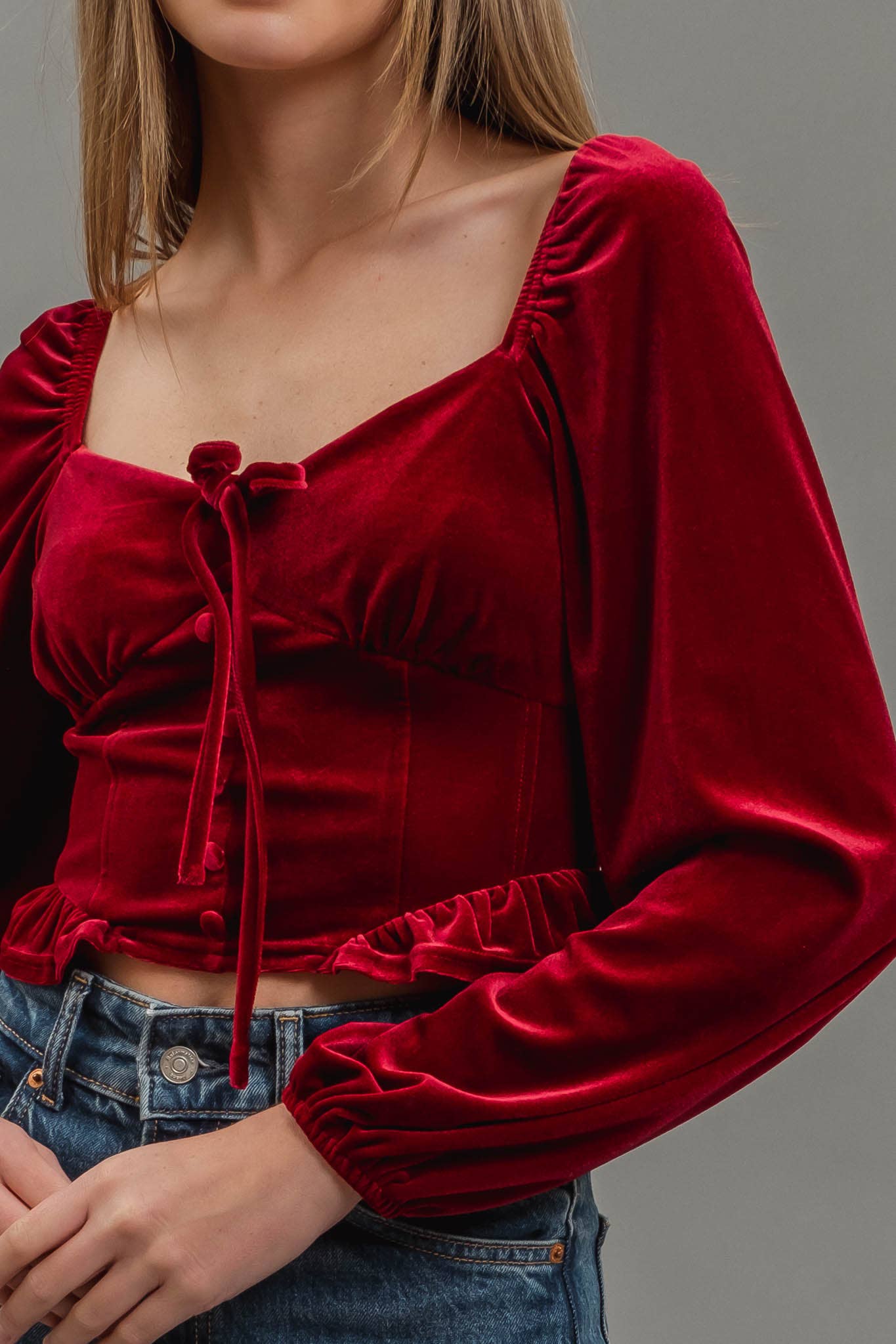 Velvet Tie Front Crop Top : BURGUNDY