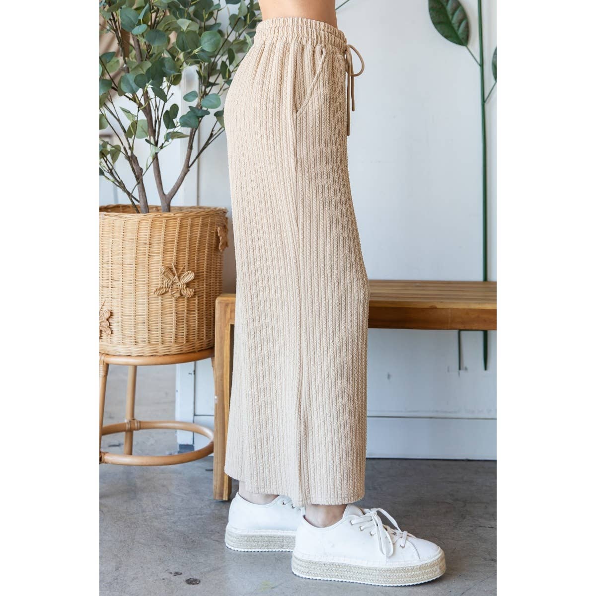 Waffle Textured Knit Pants: Beige