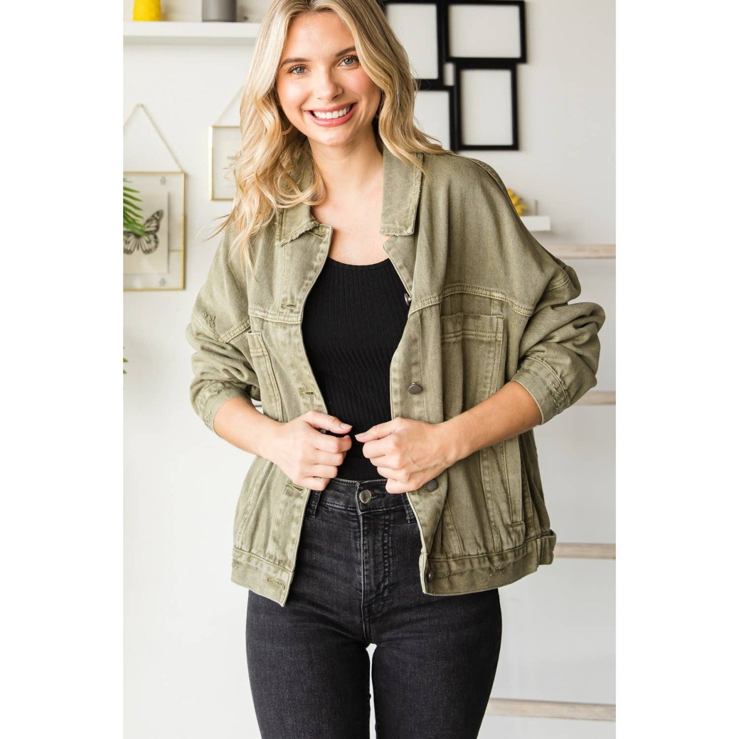 Pleated Denim Jacket - Med Denim PLUS