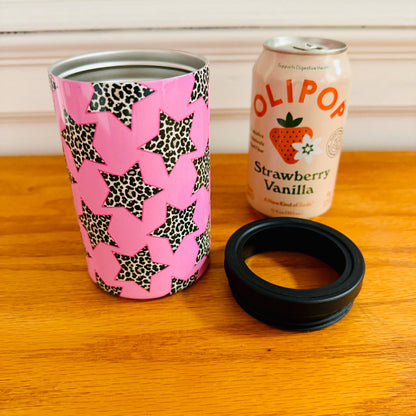 Cheetah Stars Pink 12 oz Can Cooler