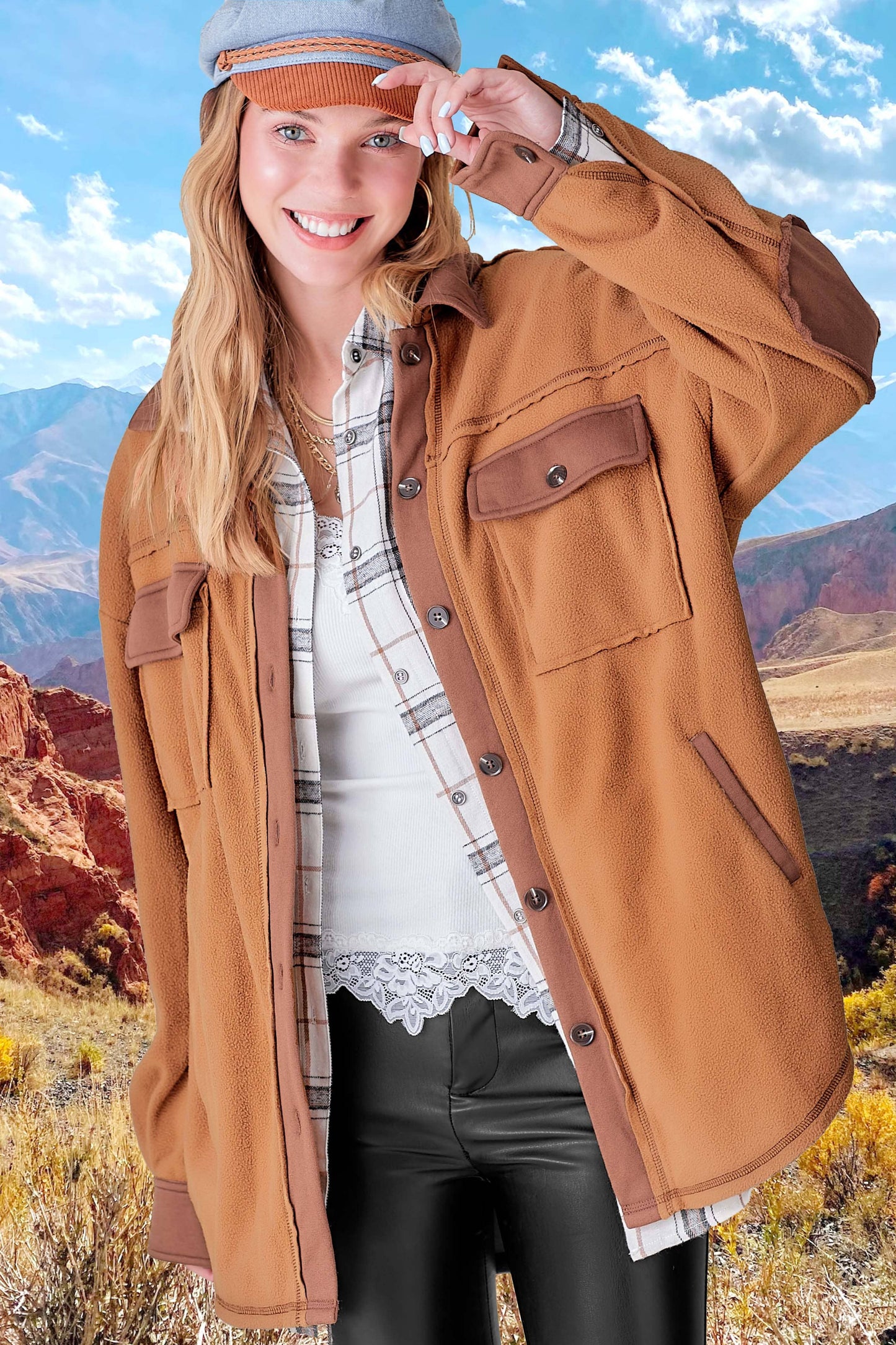 Soft Brushed Button Down Long Sleeve Fleece Shacket: Camel