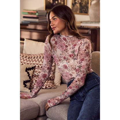 FLORAL PRINT MESH KNIT LONG SLEEVES TOP