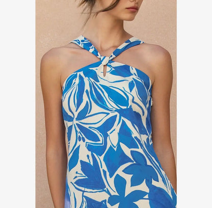 Blue Florals Halter Dress