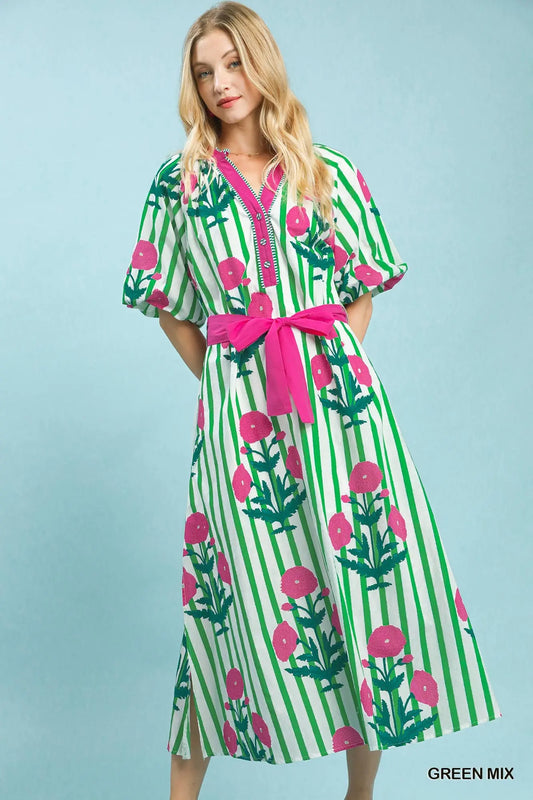 Striped Floral Tie Waist Maxi