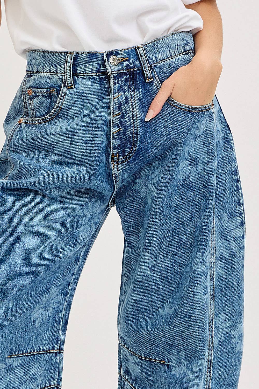 Floral Print Barrel Denim