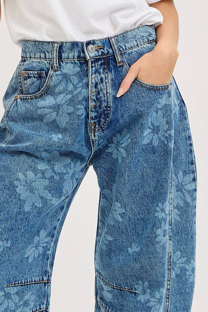 Floral Print Barrel Denim