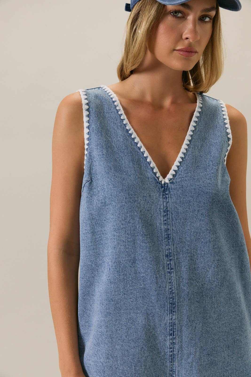 V Neck Stitch Detail Denim Romper