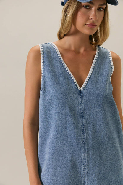 V Neck Stitch Detail Denim Romper