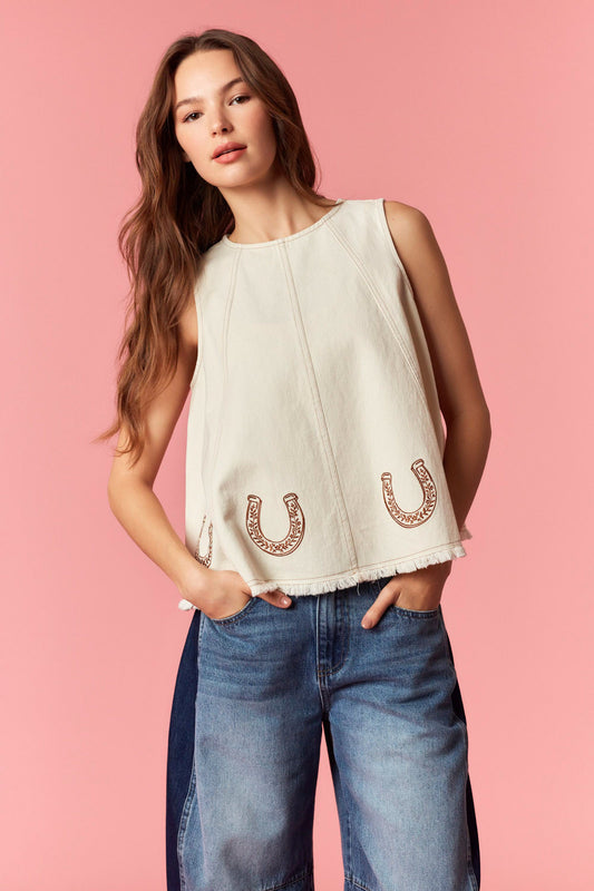 Horseshoe Embroidery Fringe Hem Top