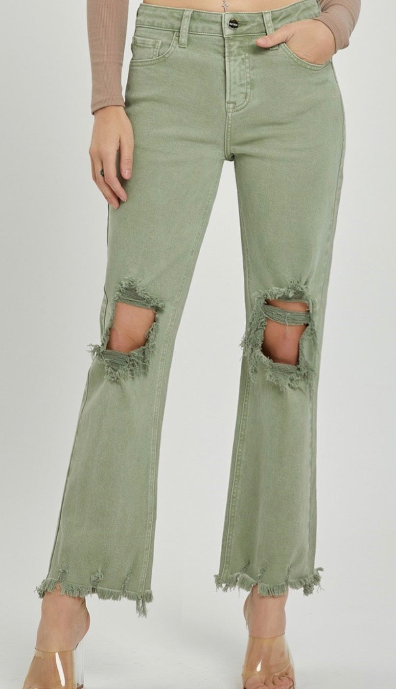 Olive High Rise Distressed Denim