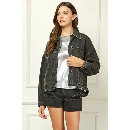 Pleated Denim Jacket - Black